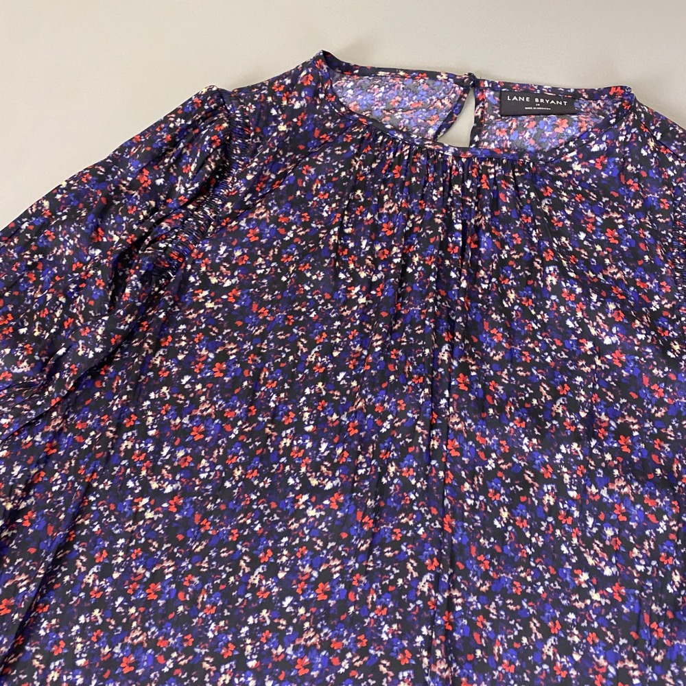 Lane Bryant Blouse Top Women's Size 18 Navy Blue Red Floral Long Sleeve Keyhole - Picture 3 of 9
